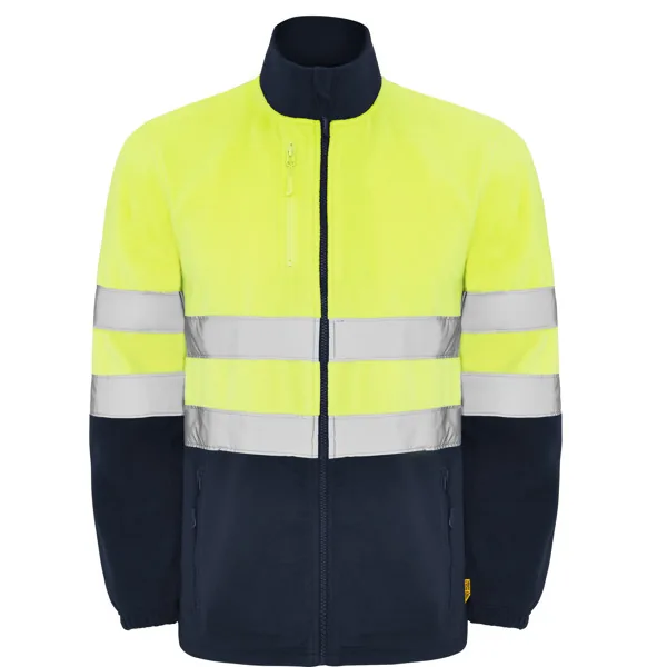Chaqueta polar de alta visibilidad Roly Altair amarillo flúor y azul marino con bandas reflectantes