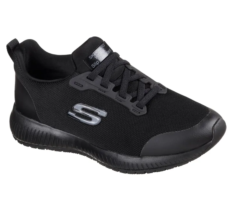 Zapatilla de trabajo Skechers Squad SR negra vista en tres cuartos desde la puntera
