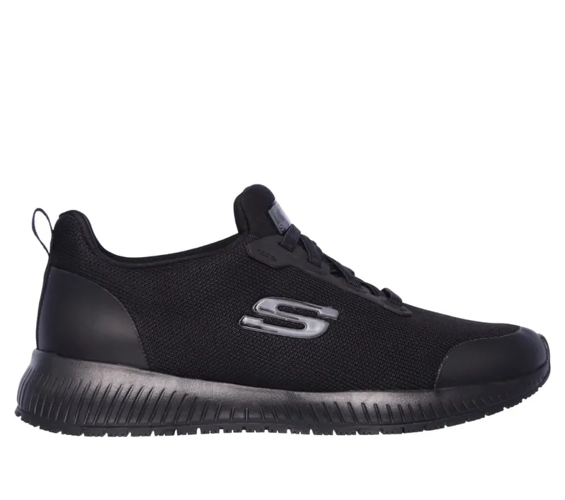 Zapatilla de trabajo Skechers Squad SR negra con logotipo lateral, vista lateral
