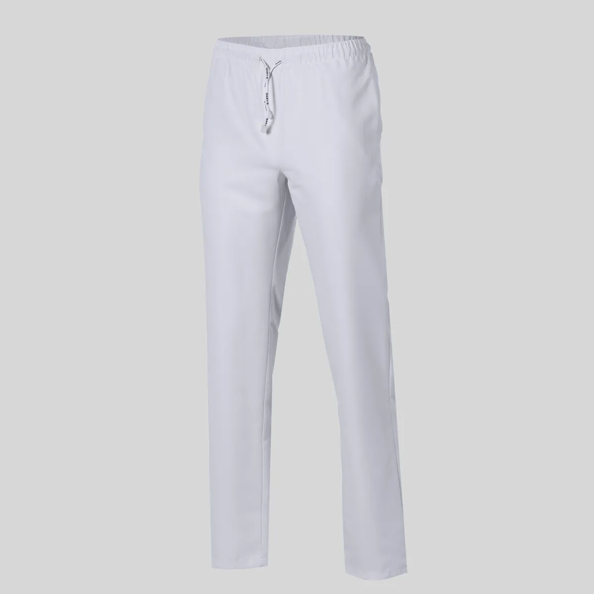 Pantalón sanitario Garys blanco de microfibra con goma y cordón, vista frontal de la prenda