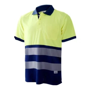 Polo técnico de alta visibilidad Chintex amarillo flúor y azul marino con bandas reflectantes