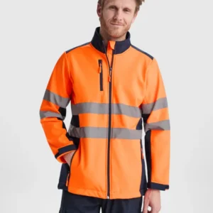 Hombre con chaqueta softshell de alta visibilidad Roly Antares naranja flúor y azul marino