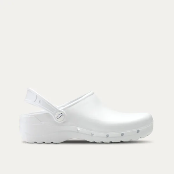 Zueco sanitario Flotante de Feliz Caminar en color blanco con correa trasera, vista lateral