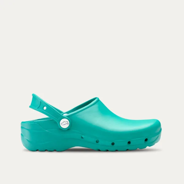 Zueco sanitario Flotante de Feliz Caminar en color verde con correa trasera, vista lateral